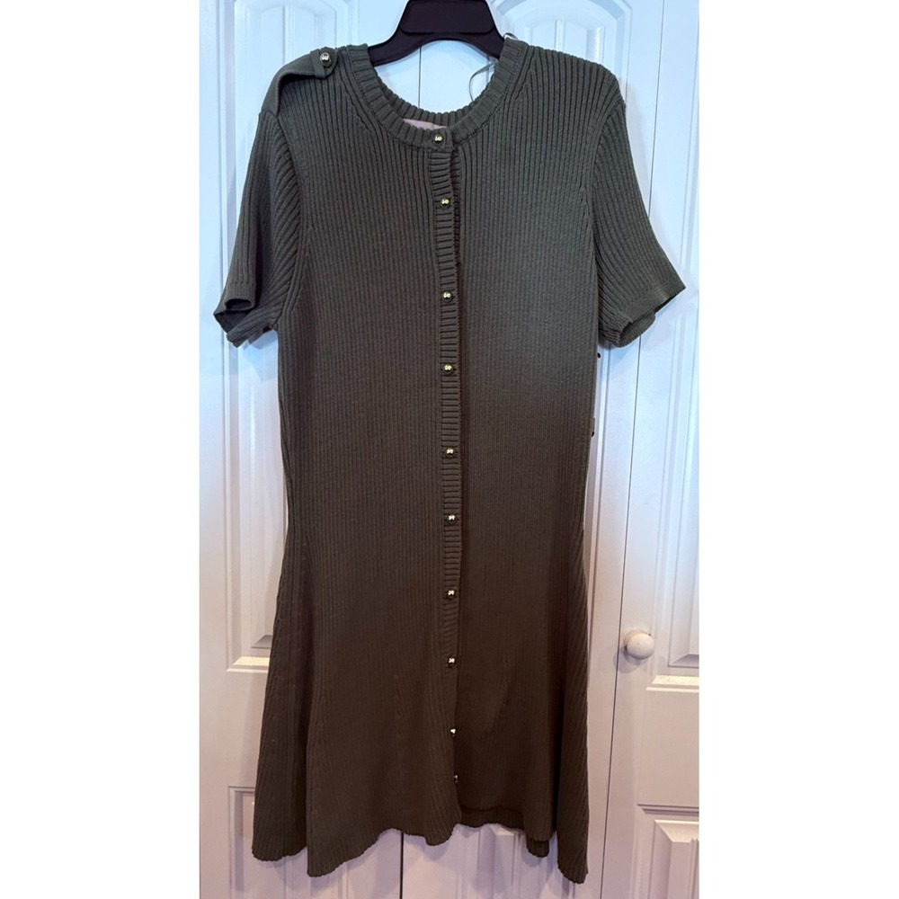 French Connection Rib Knit Sweater Dress Olive Green Button Shoulder XL NWT